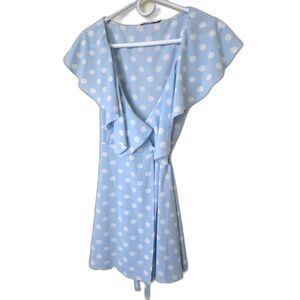 Maison D’AngelAnn Blue Polka Dot Silk Blend Wrap Midi Dress, Size 38 (US 6)